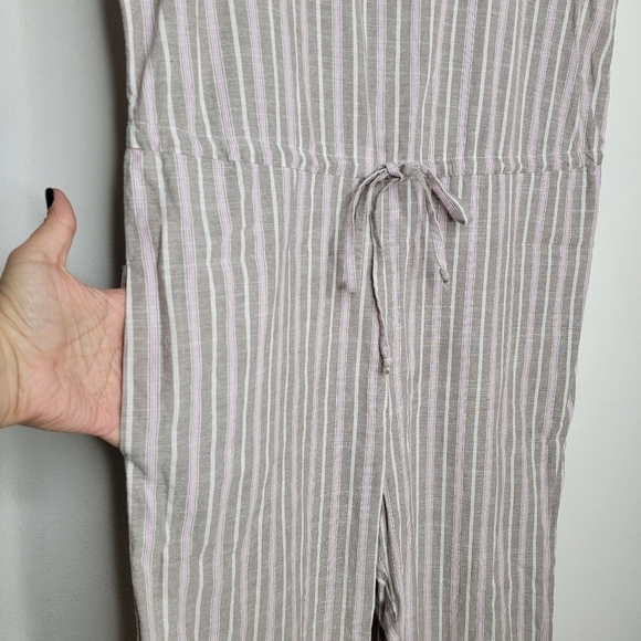 DREW Pinstriped Cotton Jumper Pink Taupe Drawstring Waist Sleeveless V Neckline - Picture 5 of 13